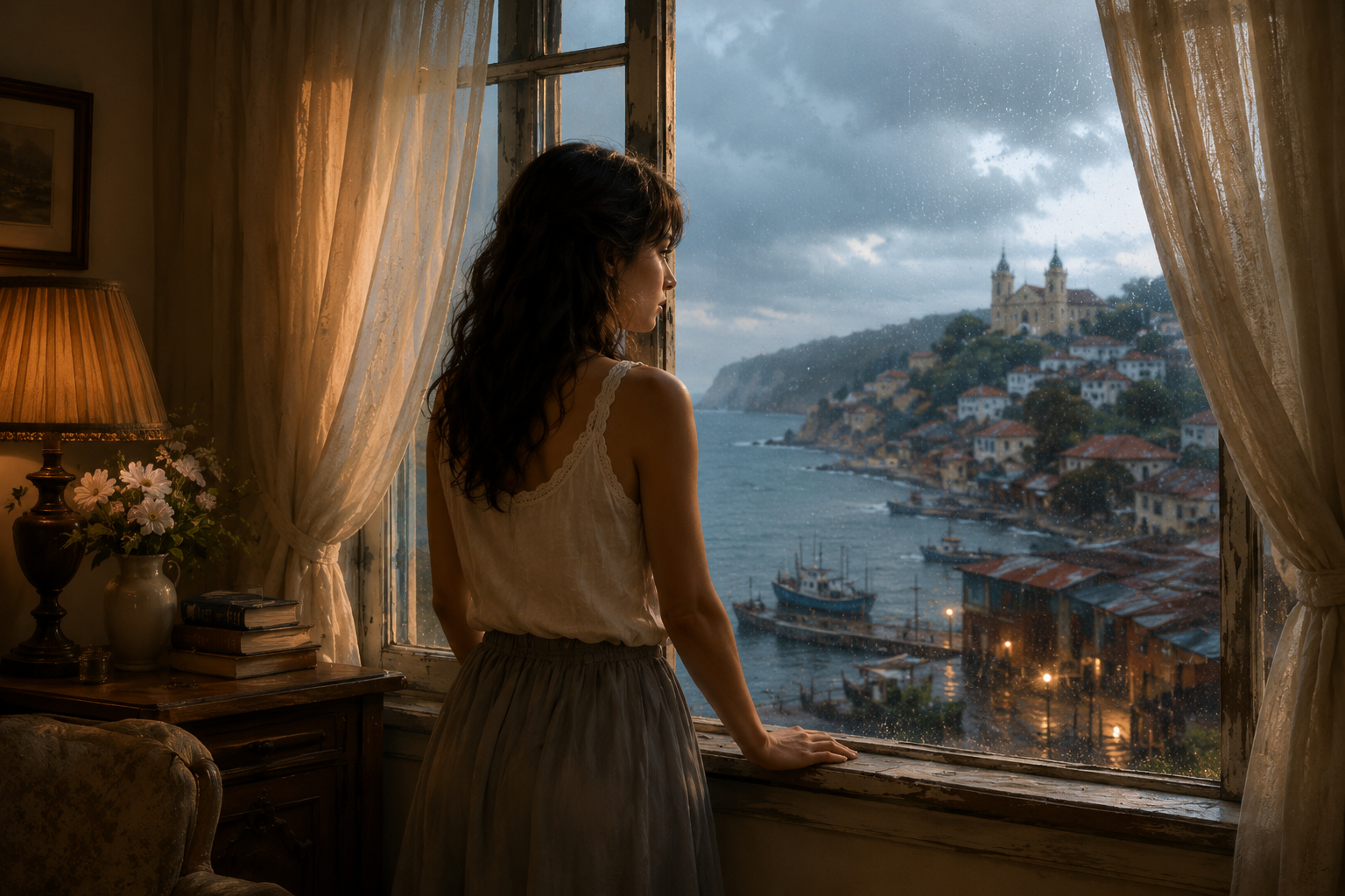 Ana Clara diante da janela, entre a luz quente do quarto e São Miguel sob a chuva