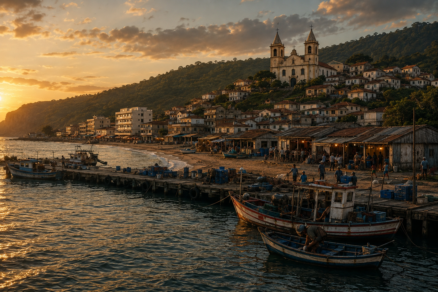 Colônia de Pesca de São Miguel ao entardecer, com o cais, barcos e a cidade ao fundo