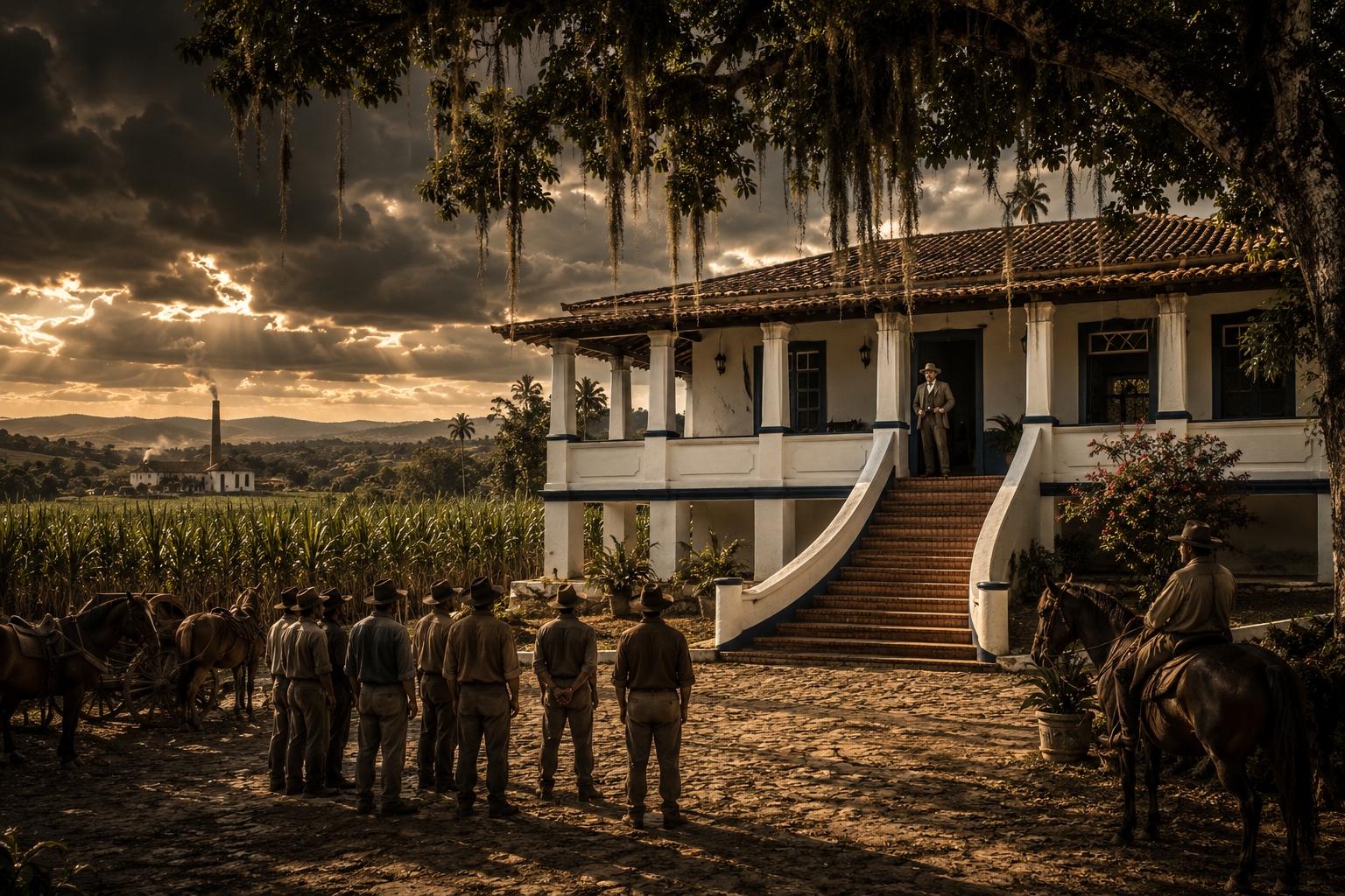 Engenho Grande no auge, com o casarão dominando o canavial e os homens reunidos diante de seu poder